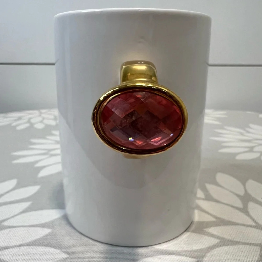 Two’s Company You’re A Gem White Mug Gold Ring Pink Stone Engagement Gift. 14 oz